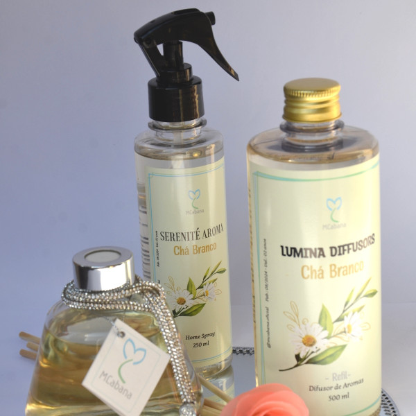 Kit Completo Chá Branco ( Difusor com Varetas (250ml) + Home Spray (250ml) + Refil (500ml))